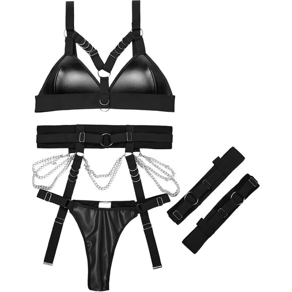 Women's Latex Black Sexy Chain Strappy Garter Belt Lingerie Set Rave Outfits - Picture 5 of 6